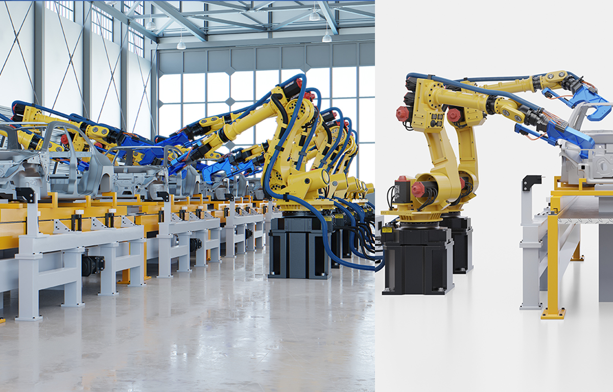 Ilustrasi mesin produksi di pabrik yang sudah bekerja secara mandiri dengan memanfaatkan otomatisasi dari teknologi IoT