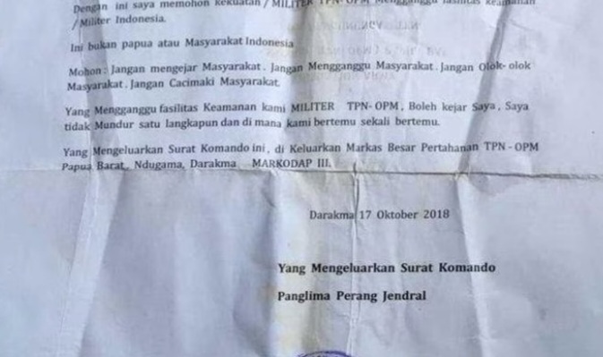 Surat KKB Papua Egianus Kogoya yang Ditinggalkan di Lokasi Pembakaran Pesawat Susi Air [tribunnanado]