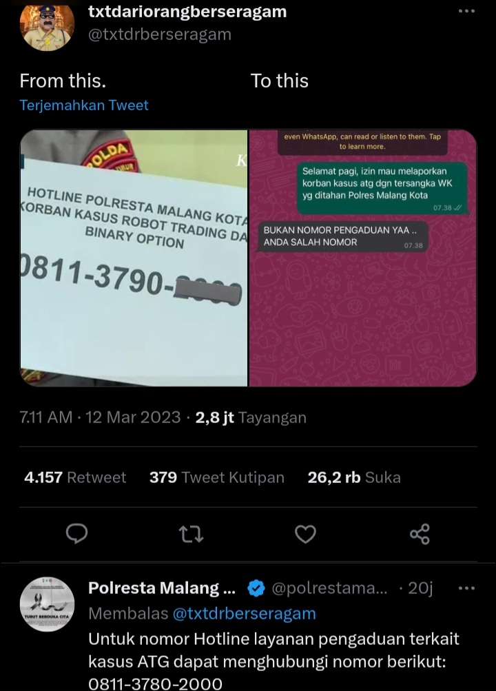 Layanan pengaduan polresta malang [@txtdrberseragam]