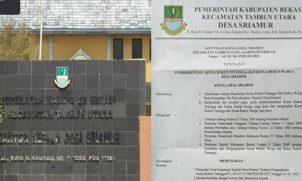 Foto Kantor Desa Sriamur Tambun Utara Bekasi dan Foto Surat Pemberhentian Sepihak Ketua RT dan RW di Wilayah Desa Sriamur