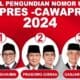 Pasangan Anies-Cak Imin memperoleh nomor urut 1, pasangan Prabowo-Gibran memperoleh nomor urut 2, sedangkan pasangan Ganjar-Mahfud Md memperoleh nomor urut 3 [sindonews]