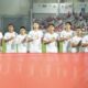 Pesepak bola Timnas U-23 Indonesia menyanyikan lagu kebangsaan Indonesia Raya sebelum melawan Timnas U-23 Korea Selatan pada babak perempat final Piala Asia U-23 2024 di Stadion Abdullah bin Khalifa, Doha, Qatar.