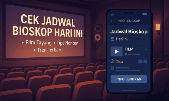 Ilustrasi digital suasana bioskop dengan layar menampilkan teks 'Cek Jadwal Bioskop Hari Ini' dan smartphone yang menampilkan jadwal film terkini secara online.