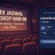 Ilustrasi digital suasana bioskop dengan layar menampilkan teks 'Cek Jadwal Bioskop Hari Ini' dan smartphone yang menampilkan jadwal film terkini secara online.