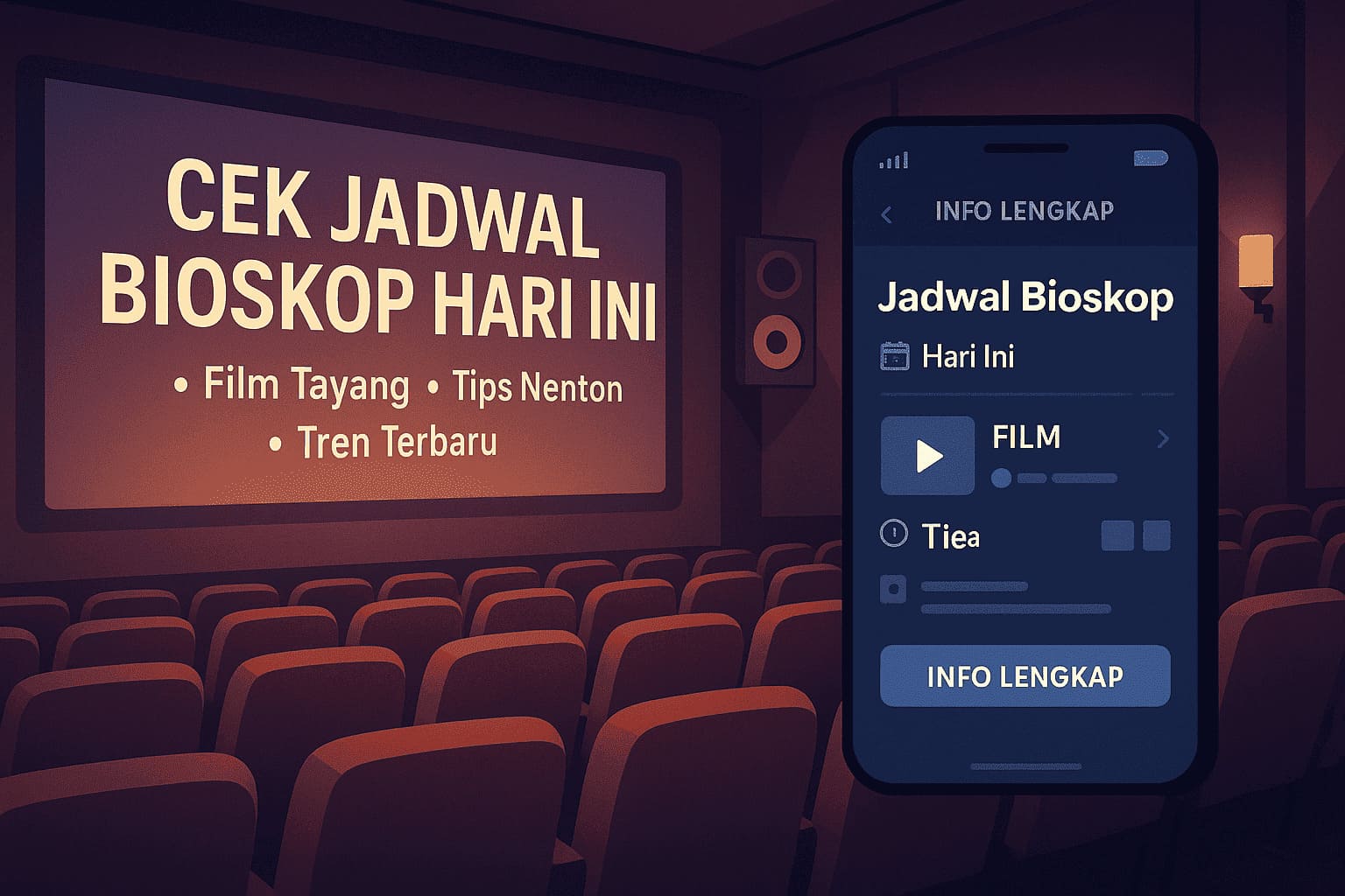 Ilustrasi digital suasana bioskop dengan layar menampilkan teks 'Cek Jadwal Bioskop Hari Ini' dan smartphone yang menampilkan jadwal film terkini secara online.