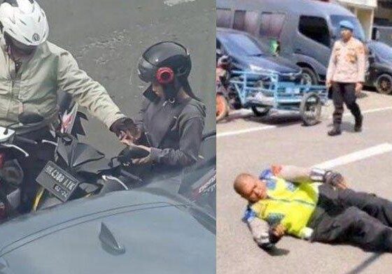 Oknum polisi dihukum berguling di aspal usai palak pengendara motor [tribunnews]